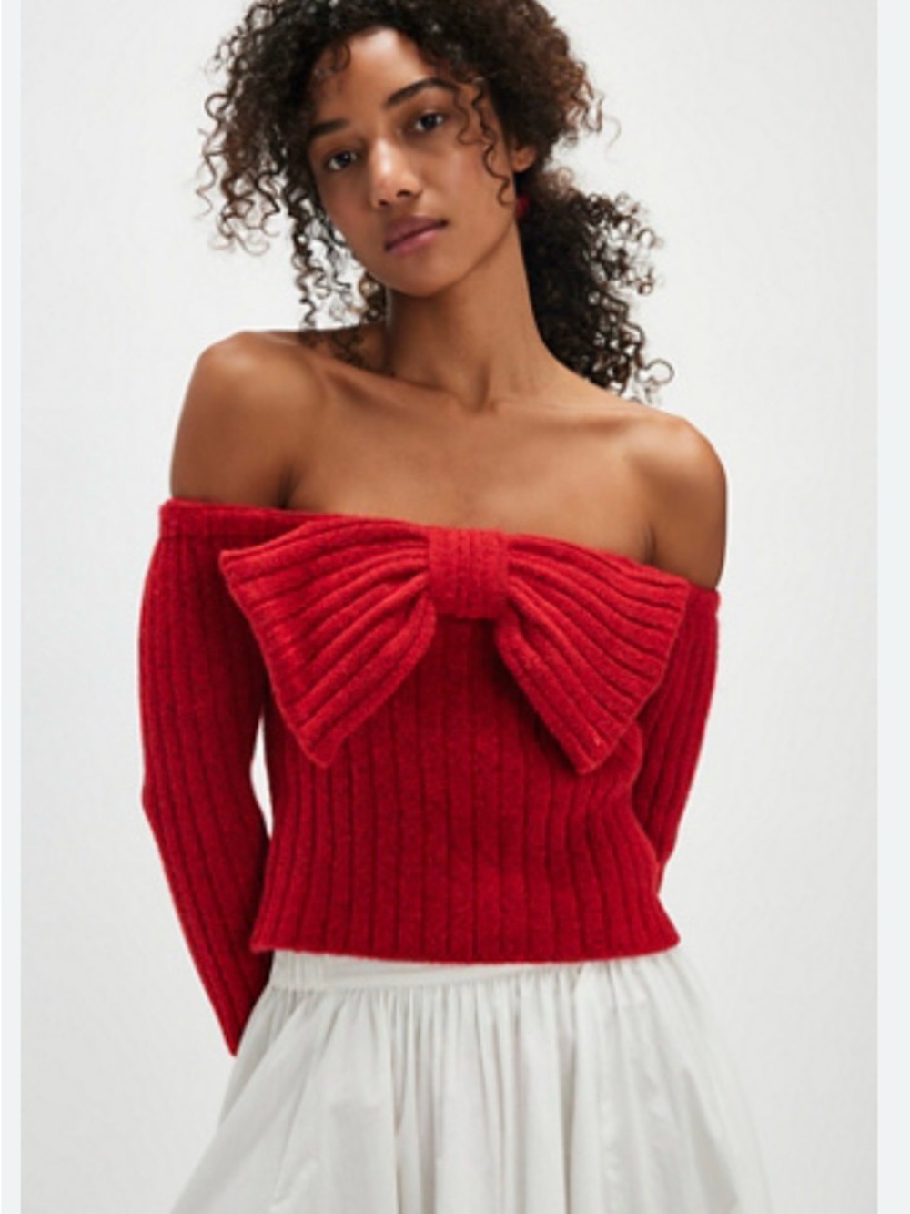 TACH Off-the-Shoulder Red Ribbed Sweater with Bow Detail
